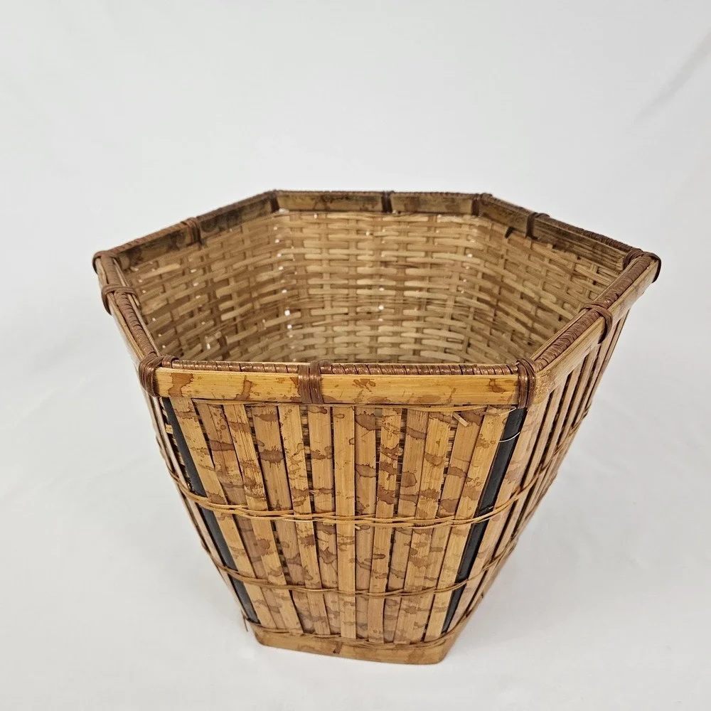 Vintage Tortoiseshell Bamboo Basket Planter Wastepaper Trash Can Boho MCM Rattan